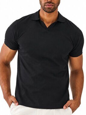 PATRICK ASSARAF Pima Cotton Stretch Open Polo Shirt Black XL Short Sleeve Peru
